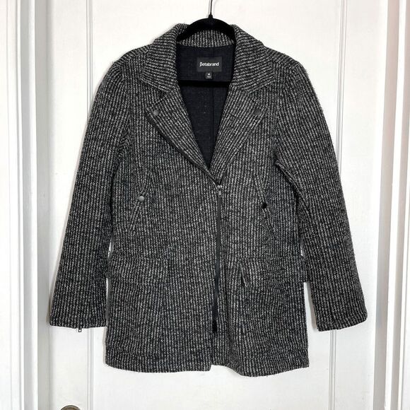 Betabrand Tweed Moto Zip Jacket Coat Stripe Black Gray Wool Blend Women’s Size M - Picture 1 of 7